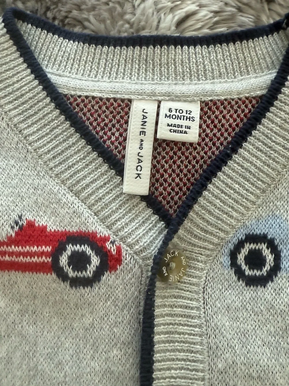 Janie and Jack Beige Knit Car Cardigan and Pants Set with Red and Black Accents